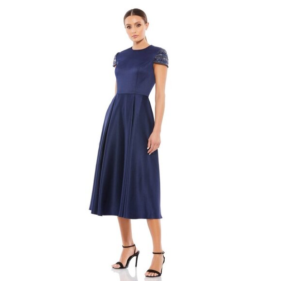 NWT Mac Duggal Navy High Neck Cap Sleeve Tea Length Dress Midnight 6 #8530 - Picture 1 of 8